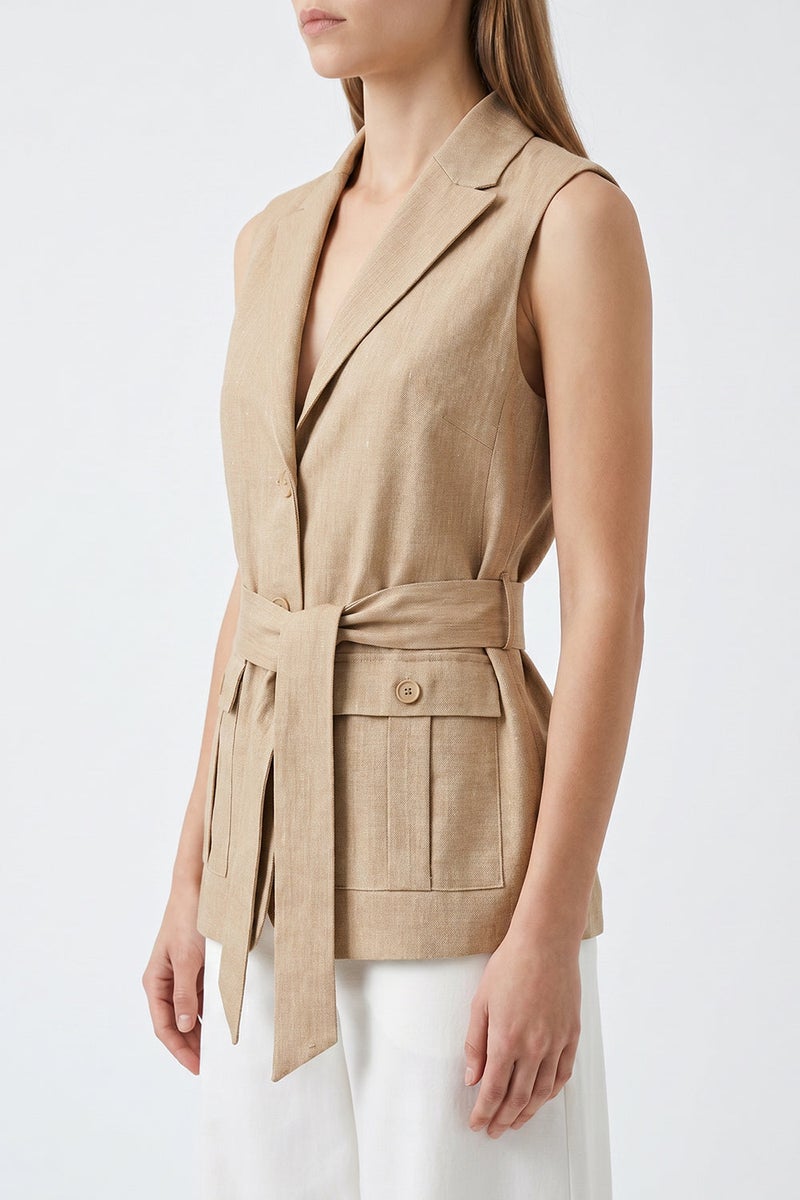 EXQUISE Safari Pocketed Belted Slit Regular Camel Vest - Image 3