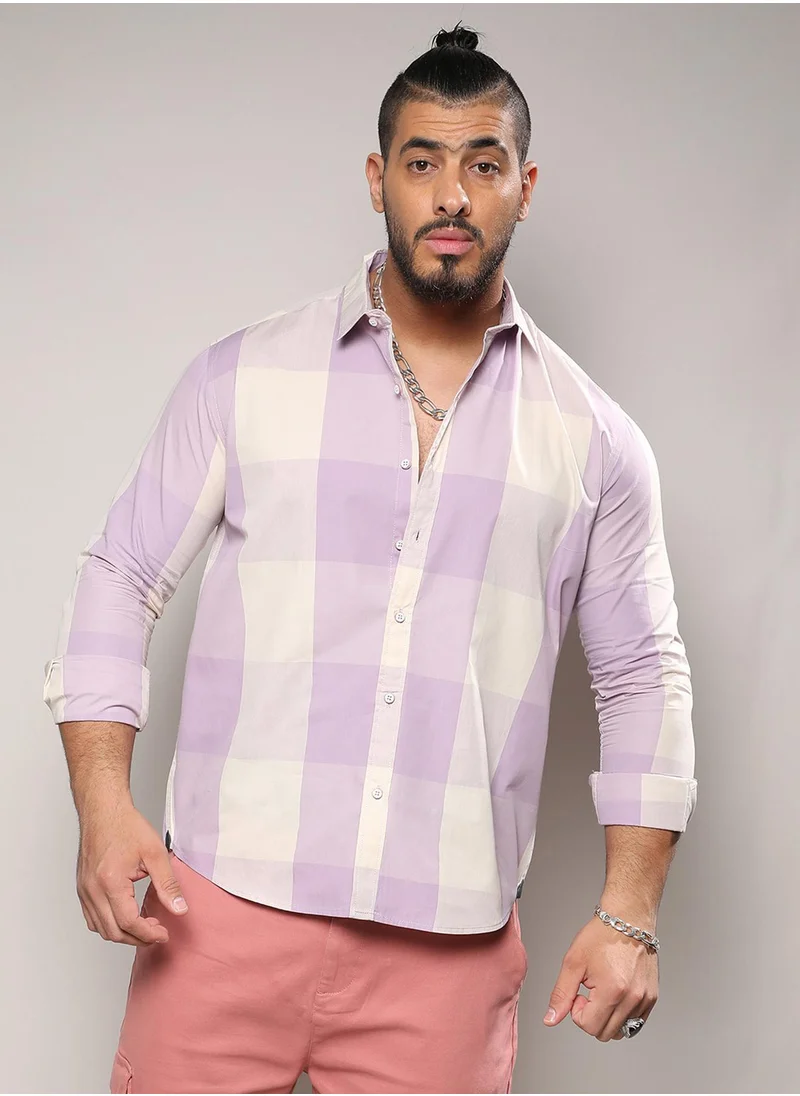 Instafab Plus Instafab Plus Men's White & Lilac Buffalo Check Button Up Plus-Size Fit Shirt For Casual Wear | Cotton Spread Collar Shirt Crafted With Regular Sleeve & Comfort Fit For Everyday Wear