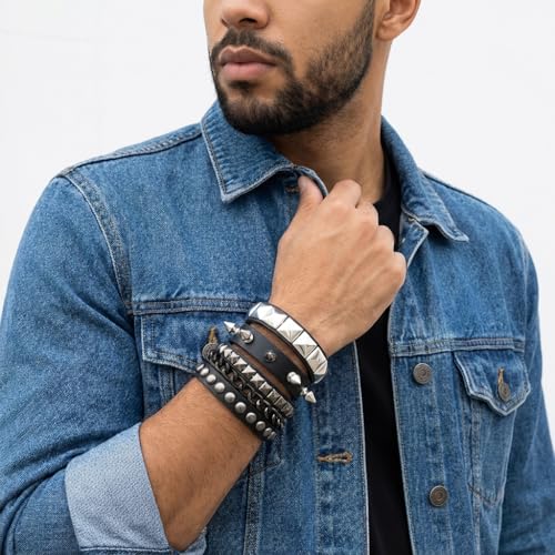 GUSTAVE® 3Pcs Bracelet for Man Punk Rock Studded Bracelets Black Spiked Leather Cuff Bracelet for Men Women Adjustable Goth Bracelets 80s Retro Style Wristband Halloween Party Accessories - Image 5