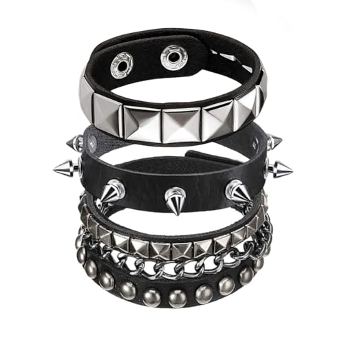 GUSTAVE® 3Pcs Bracelet for Man Punk Rock Studded Bracelets Black Spiked Leather Cuff Bracelet for Men Women Adjustable Goth Bracelets 80s Retro Style Wristband Halloween Party Accessories - Image 1