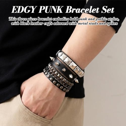 GUSTAVE® 3Pcs Bracelet for Man Punk Rock Studded Bracelets Black Spiked Leather Cuff Bracelet for Men Women Adjustable Goth Bracelets 80s Retro Style Wristband Halloween Party Accessories - Image 4