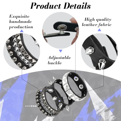 GUSTAVE® 3Pcs Bracelet for Man Punk Rock Studded Bracelets Black Spiked Leather Cuff Bracelet for Men Women Adjustable Goth Bracelets 80s Retro Style Wristband Halloween Party Accessories - Image 3