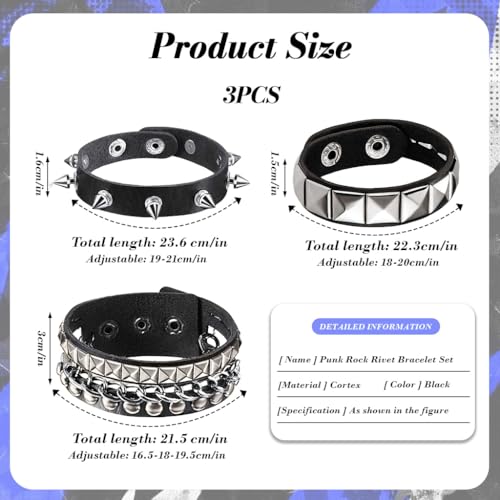 GUSTAVE® 3Pcs Bracelet for Man Punk Rock Studded Bracelets Black Spiked Leather Cuff Bracelet for Men Women Adjustable Goth Bracelets 80s Retro Style Wristband Halloween Party Accessories - Image 2