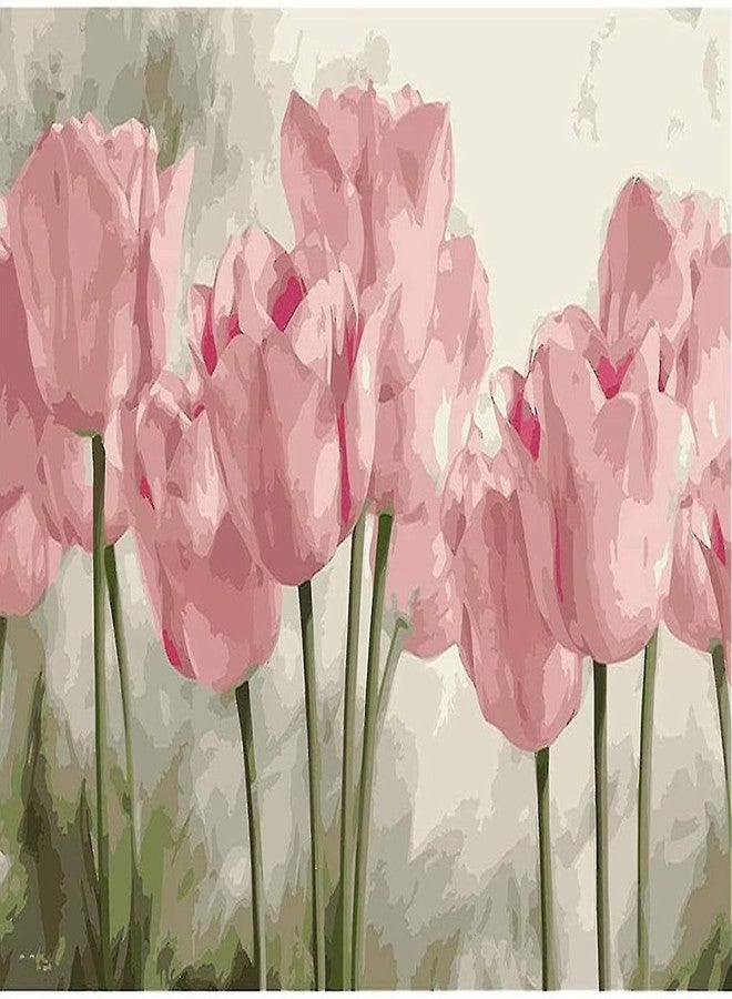 TREXEE Pink Tulip Flower DIY Oil Painting Paint by Numbers Kit for Kids and Adults Beginners Linen Oil Canvas Pre-Printed Canvas with Brushes and Pigment, DIY Color Oil Painting Acrylic Paints Paint By Number kit (No Frame)(16x20inch) - Image 1