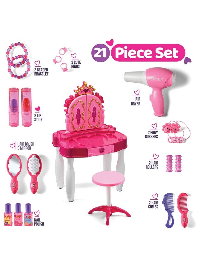 Play22 Pretend Play Girls Vanity Set With Mirror And Stool 21 Pcs Kids Makeup Vanity Table Set With Lights And Sounds Includes Fashion Hair & Makeup Accessories  - Image 4