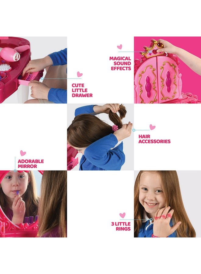 Play22 Pretend Play Girls Vanity Set With Mirror And Stool 21 Pcs Kids Makeup Vanity Table Set With Lights And Sounds Includes Fashion Hair & Makeup Accessories  - Image 3