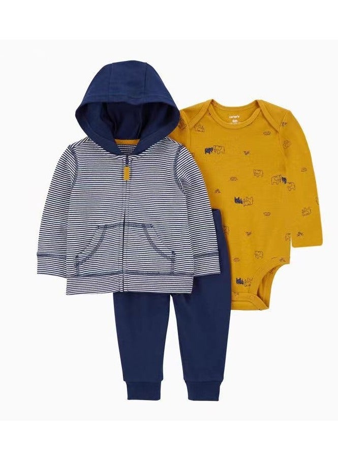 RedMapleTEK Baby Boy And Girl Sweater Jacket Hooded Coat Long-Sleeved Jumpsuit Baby Three-Piece Set  - Image 1
