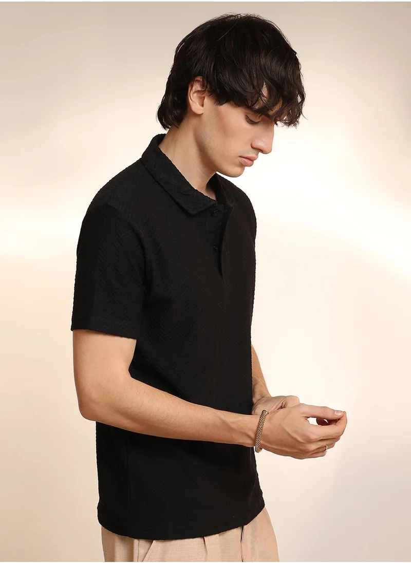 Campus Sutra Men's Onyx Black Chevron Polo T-Shirt