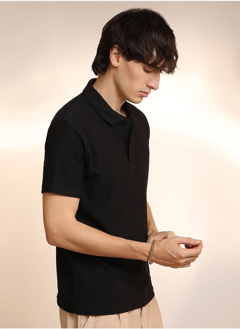 Campus Sutra Men's Onyx Black Chevron Polo T-Shirt  - Image 2