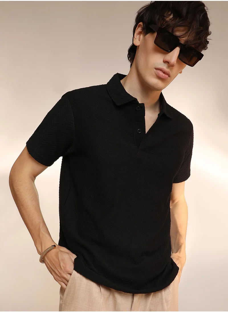 Campus Sutra Men's Onyx Black Chevron Polo T-Shirt