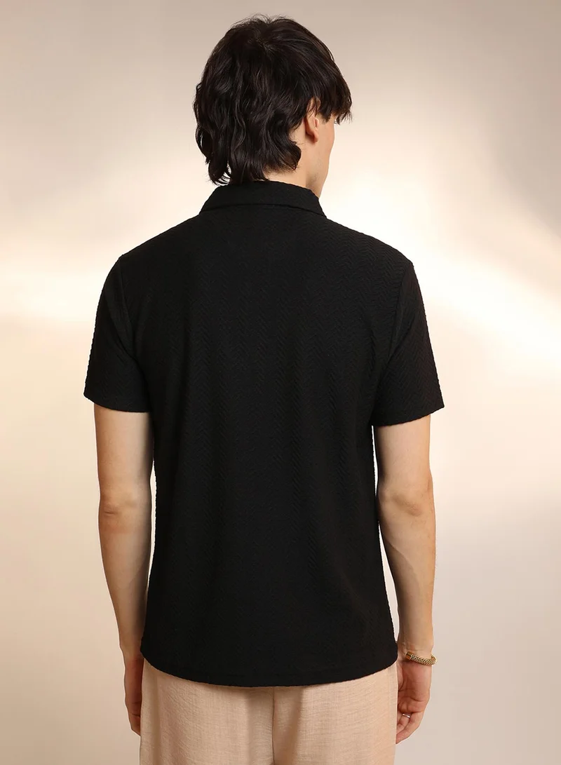 Campus Sutra Men's Onyx Black Chevron Polo T-Shirt