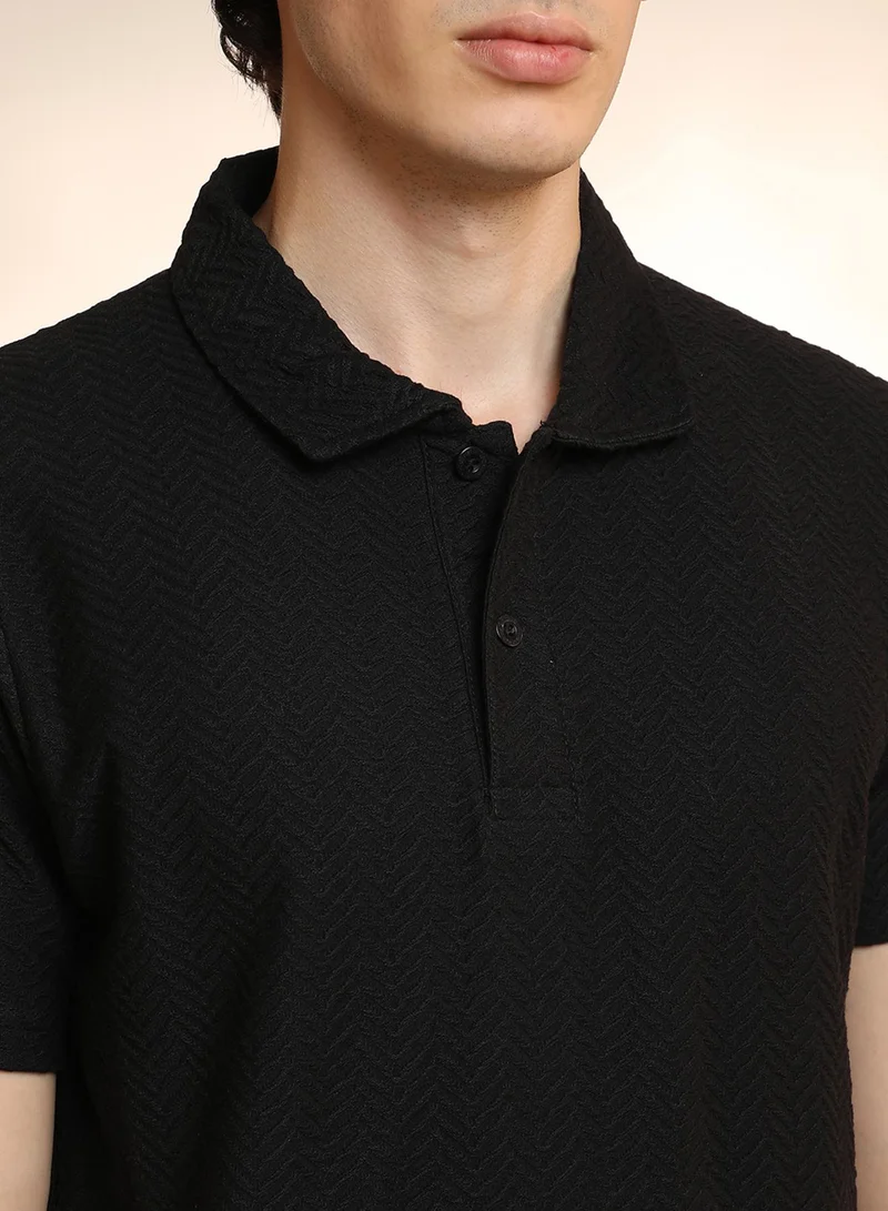 Campus Sutra Men's Onyx Black Chevron Polo T-Shirt