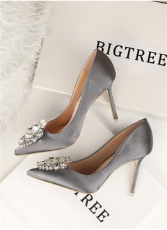 BIGTREE 10cm Rhinestone Slim Shallow Mouth Pointy Shiny Rhinestone Buckle Heels Grey  - Image 2