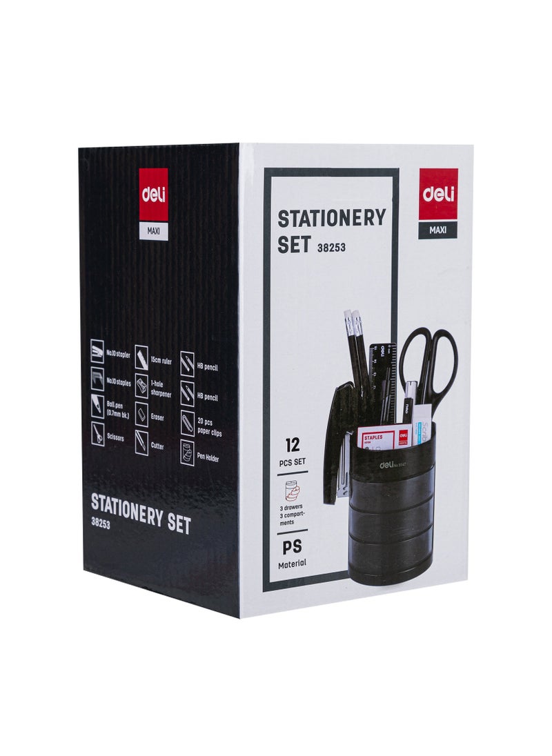 Deli Deli E38253 3-Drawer Plastic Stationery Set - 86x86x103mm, 3 Compartments, Holds 12 Accessories, Black, 1PCS/Color Box  - Image 3