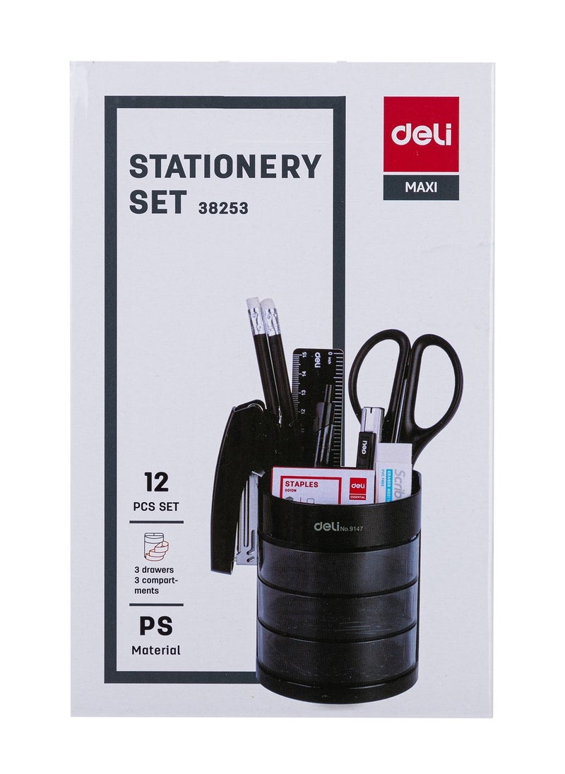 Deli Deli E38253 3-Drawer Plastic Stationery Set - 86x86x103mm, 3 Compartments, Holds 12 Accessories, Black, 1PCS/Color Box  - Image 5