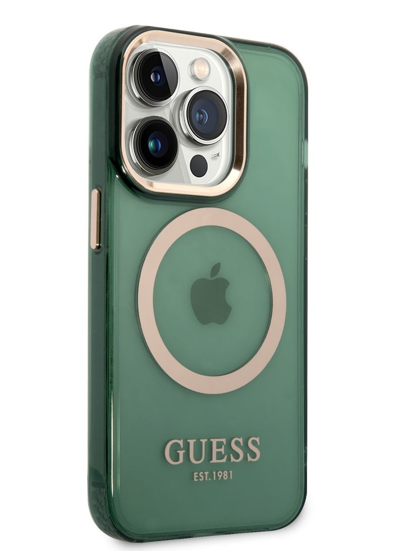 GUESS iPhone 14 Pro Case MagSafe Back Cover with Translucent Gold Outline / Lifted Ring Case / Slim Profile / Easy Snap-On / Drop & Bumper Protection - Kaki - Image 3