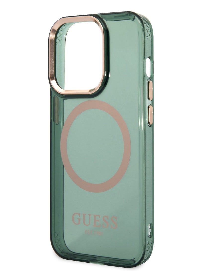 GUESS iPhone 14 Pro Case MagSafe Back Cover with Translucent Gold Outline / Lifted Ring Case / Slim Profile / Easy Snap-On / Drop & Bumper Protection - Kaki - Image 4