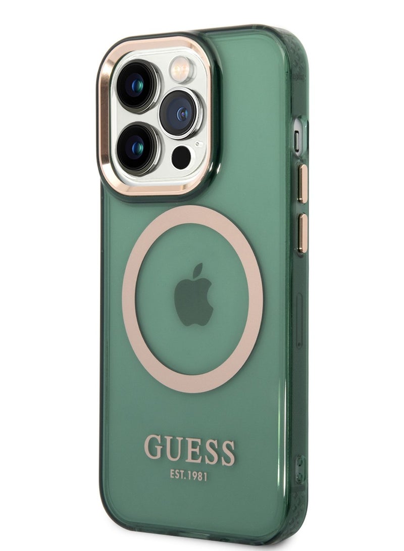 GUESS iPhone 14 Pro Case MagSafe Back Cover with Translucent Gold Outline / Lifted Ring Case / Slim Profile / Easy Snap-On / Drop & Bumper Protection - Kaki - Image 2