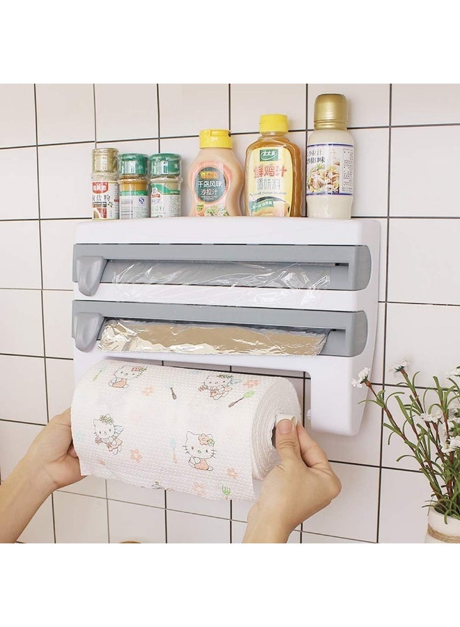 KITCHENOO 4 in 1 Wall Mounted Paper Towel Holder, Plastic Foil Dispenser, Sauce and Spice Bottle Storage Rack, Kitchen Organizer, Plastic Wrap, Foil, Gray Oil Paper Cutter (Gray) - Image 1