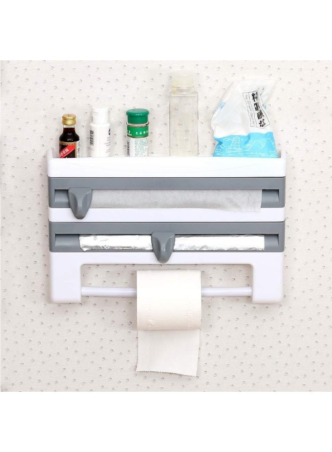 KITCHENOO 4 in 1 Wall Mounted Paper Towel Holder, Plastic Foil Dispenser, Sauce and Spice Bottle Storage Rack, Kitchen Organizer, Plastic Wrap, Foil, Gray Oil Paper Cutter (Gray) - Image 3