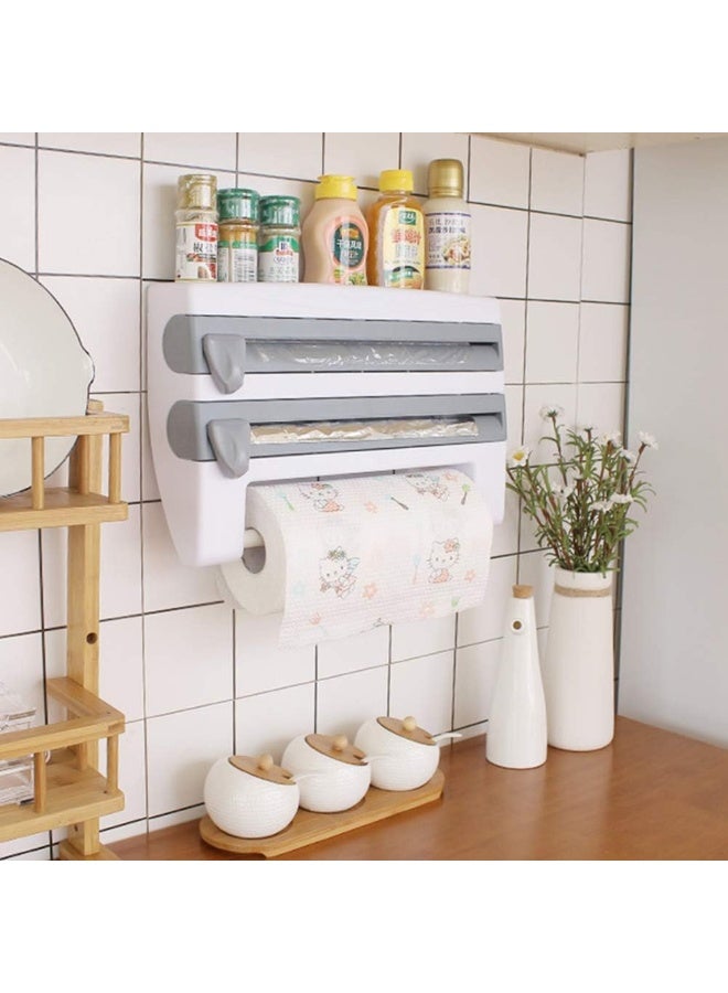 KITCHENOO 4 in 1 Wall Mounted Paper Towel Holder, Plastic Foil Dispenser, Sauce and Spice Bottle Storage Rack, Kitchen Organizer, Plastic Wrap, Foil, Gray Oil Paper Cutter (Gray) - Image 2