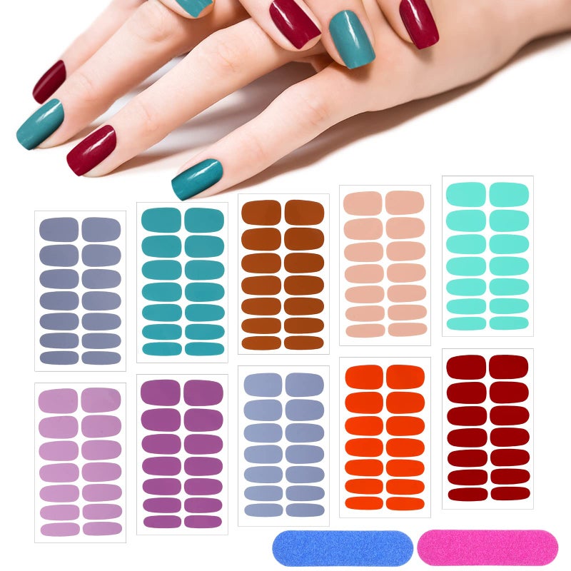 Maitys 140 Pcs 10 Sheets Solid Color Full Wrap Nail Stickers for Women UV Free Short Pure Color Polish Strips with 2 Pcs Nail Files Gradient Stickers Self Adhesive DIY Art Decals Strips for Holiday - Image 3