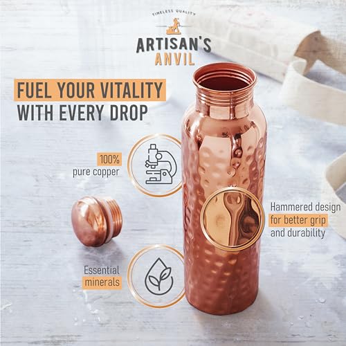 Artisan's Anvil زجاجة ماء نحاسية من أرتيزانز أنفيل - 32 أونصة - زجاجة ماء نحاسية نقية متعددة الاستخدامات وصديقة للسفر - زجاجة شرب نحاسية أيورفيدية للنساء والرجال - تصميم فم واسع - حقيبة قماشية للحمل - Image 2
