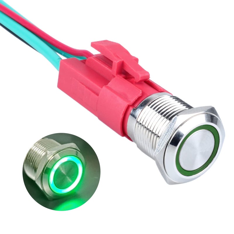 DMWD 16mm Heavy Duty Latching Metal Push Button Switch Waterproof Large Current 20Amp 12V-24V ON-OFF 1NO 4 Pins with Pre-wired Harness (Halo Ring Green LED) - Image 1