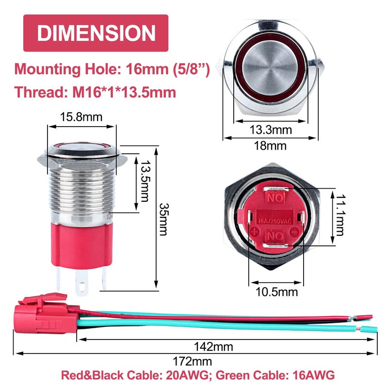 DMWD 16mm Heavy Duty Latching Metal Push Button Switch Waterproof Large Current 20Amp 12V-24V ON-OFF 1NO 4 Pins with Pre-wired Harness (Halo Ring Green LED) - Image 3