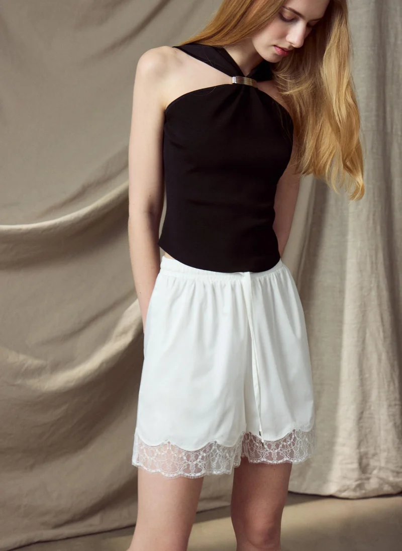 Lichi  Satin mini shorts with lace cuffs for Women | Best Price UAE