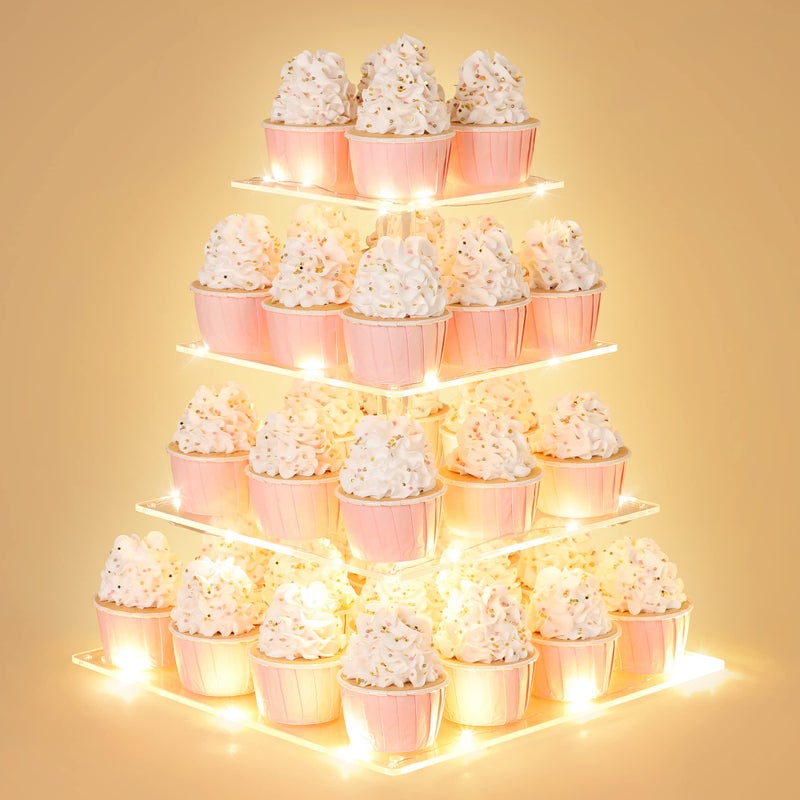 Suneerplay 4 Tier Cupcake Stand with LED String Light Acrylic Cupcake Display Stand Square Cupcake Tower Holder Cup Cake Stand for Birthday Wedding Baby Shower Party