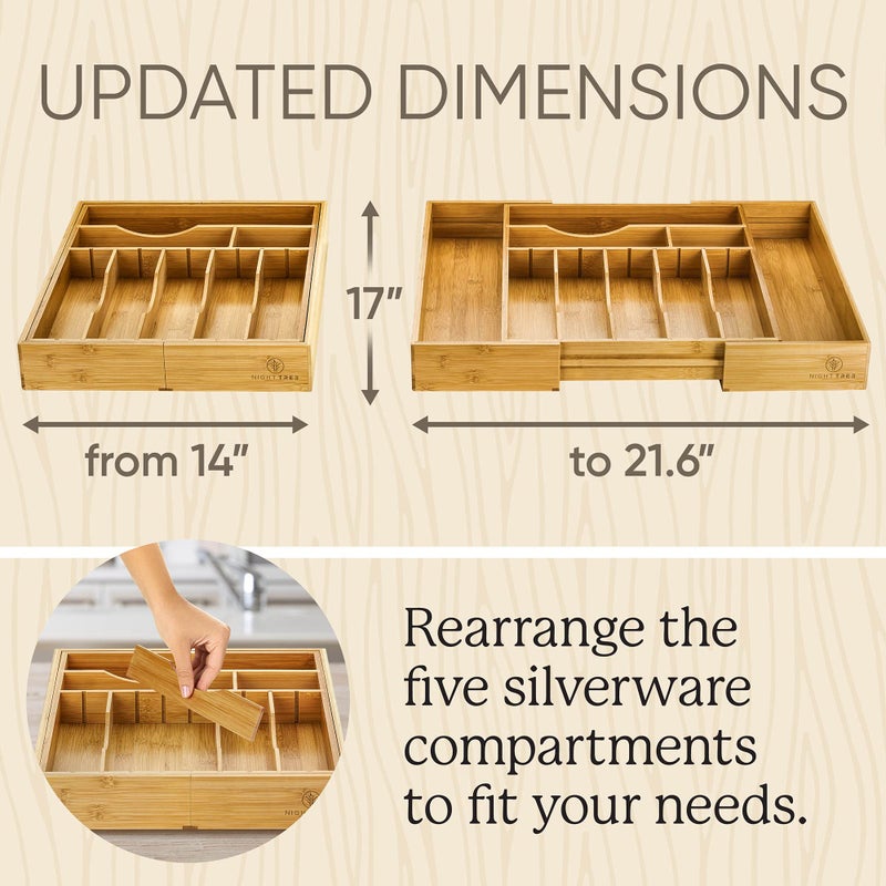 Night Tree 2.5â€ Extra Deep Silverware Drawer Organizer with Adjustable Dividers â€“ Expandable Bamboo Flatware Tray for Kitchen, Reinforced Wood Cutlery Holder (14"-21.6" Wide) - Image 3
