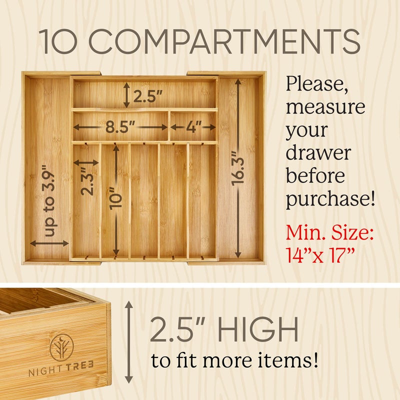 Night Tree 2.5â€ Extra Deep Silverware Drawer Organizer with Adjustable Dividers â€“ Expandable Bamboo Flatware Tray for Kitchen, Reinforced Wood Cutlery Holder (14"-21.6" Wide) - Image 4