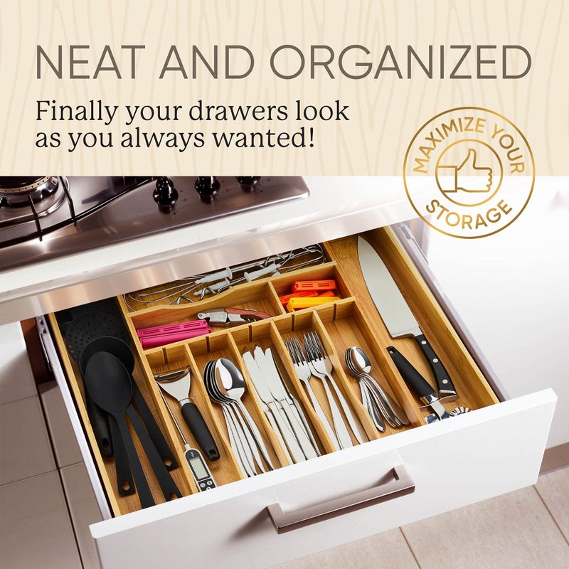 Night Tree 2.5â€ Extra Deep Silverware Drawer Organizer with Adjustable Dividers â€“ Expandable Bamboo Flatware Tray for Kitchen, Reinforced Wood Cutlery Holder (14"-21.6" Wide) - Image 5