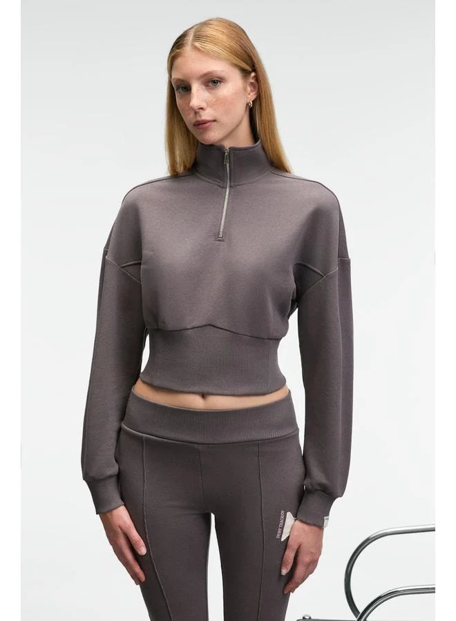 GRIMELANGE THALIA Women's Sweatshirt with Back Print and Patch Details, Zippered, Straight Collar, Anthracite.