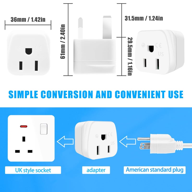 OFOAEEA US to UK Plug Adapter, OFOAEEA 2 Pack Type G Travel Adaptor, UK Travel Plug Adapter, UK Power Adapter, Ireland Plug Adapter, for Scotland British London England Hong Kong Irish Ireland, White - Image 2
