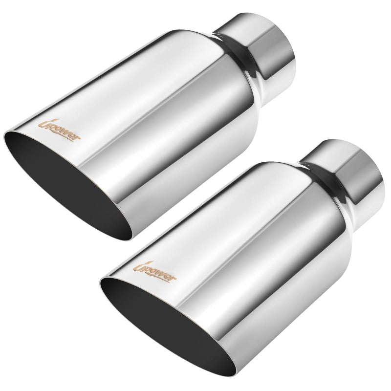 Upower Pack of 2 Exhaust Tip 2.5 inch Inlet 4 inch Outlet 9" Long Stainless Steel Chrome Polished 2.5" to 4" Diesel Exhaust Tailpipe Tip Slant Cut - Image 1
