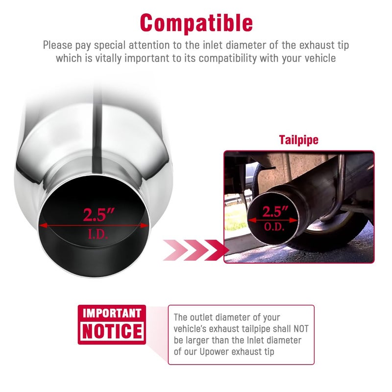 Upower Pack of 2 Exhaust Tip 2.5 inch Inlet 4 inch Outlet 9" Long Stainless Steel Chrome Polished 2.5" to 4" Diesel Exhaust Tailpipe Tip Slant Cut - Image 3