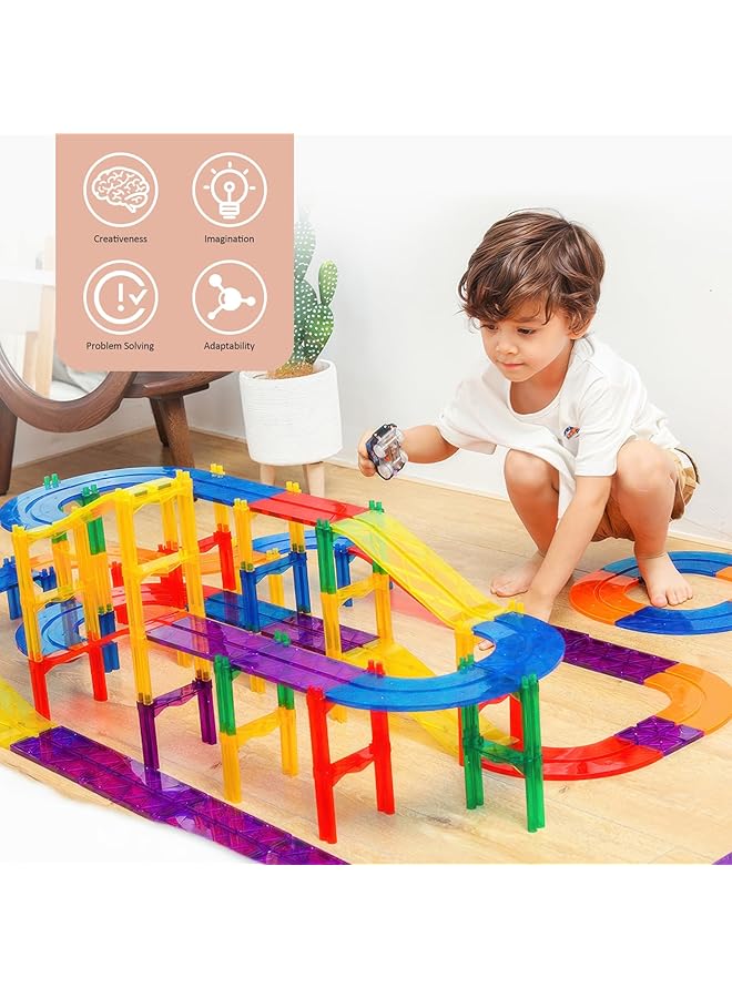 زيريفام مكعبات بناء مغناطيسية مكونة من 97 قطعة من البلاط المغناطيسي لمسار سباق السيارات ثلاثية الأبعاد لعبة تعليمية إبداعية من صنعك مجموعة بناء سيارات مغناطيسية هدية للأطفال من سن 3 سنوات (97 قطعة) - Image 2