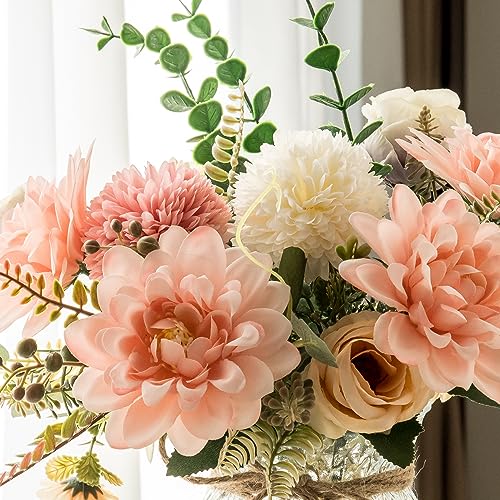 Aubcee Fake Flowers with Vase,Faux Flowers in Vase for Home Decor,Silk Pink Dahlia Artificial Flowers with Vase for Coffee Table Decor,Living Room Bathroom Plant Decor, Centerpiece Table Decorations - Image 5