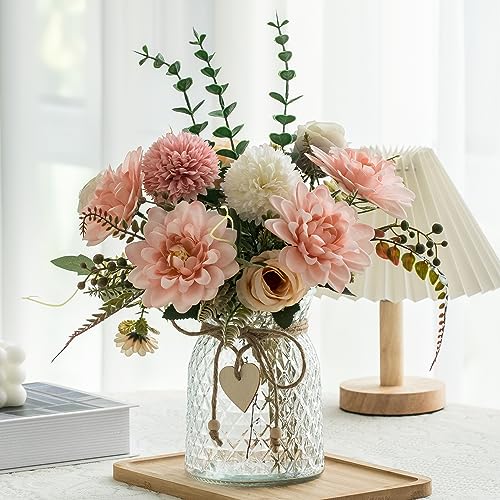 Aubcee Fake Flowers with Vase,Faux Flowers in Vase for Home Decor,Silk Pink Dahlia Artificial Flowers with Vase for Coffee Table Decor,Living Room Bathroom Plant Decor, Centerpiece Table Decorations - Image 1