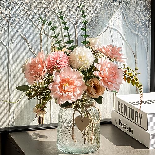 Aubcee Fake Flowers with Vase,Faux Flowers in Vase for Home Decor,Silk Pink Dahlia Artificial Flowers with Vase for Coffee Table Decor,Living Room Bathroom Plant Decor, Centerpiece Table Decorations - Image 2