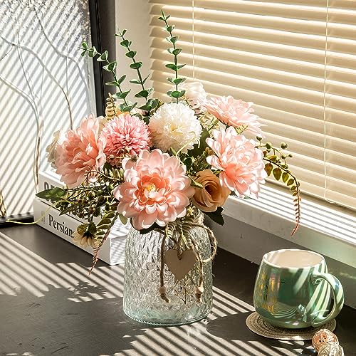 Aubcee Fake Flowers with Vase,Faux Flowers in Vase for Home Decor,Silk Pink Dahlia Artificial Flowers with Vase for Coffee Table Decor,Living Room Bathroom Plant Decor, Centerpiece Table Decorations - Image 3
