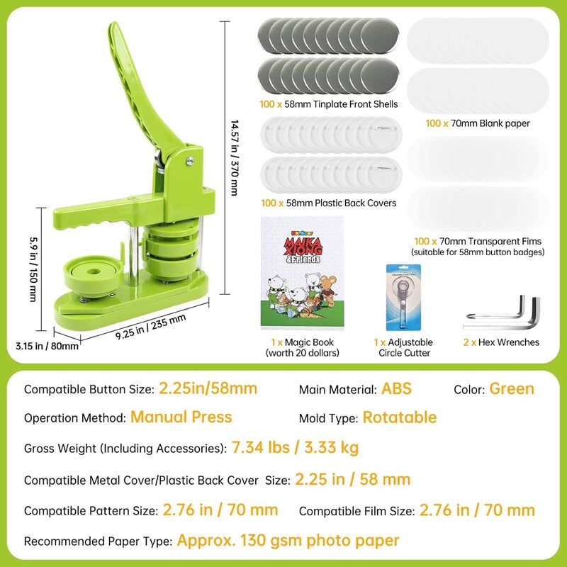 MK.Bear Button Maker Machine 58mm (2.25 in) Installation-Free, DIY Button Pin Maker Machine, Badge Punch Press with Free 100pcs Badge Supplies & Pictures & Circle Cutter & Magic Book - Image 2