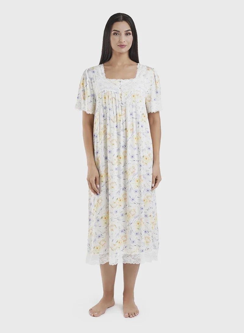 Kashkha Powder Blue Floral Print Viscose Nightwear Dress (CNH450)