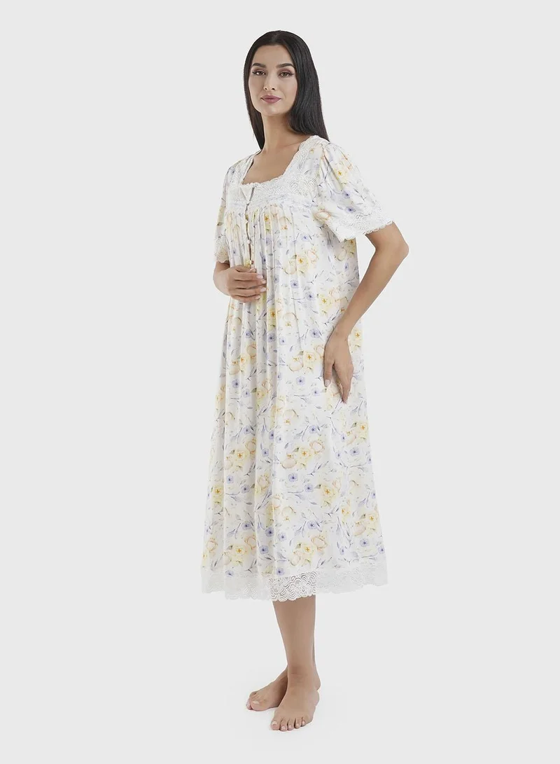 Kashkha  Powder Blue Floral Print Viscose Nightwear Dress (CNH450) for Women | Best Price UAE