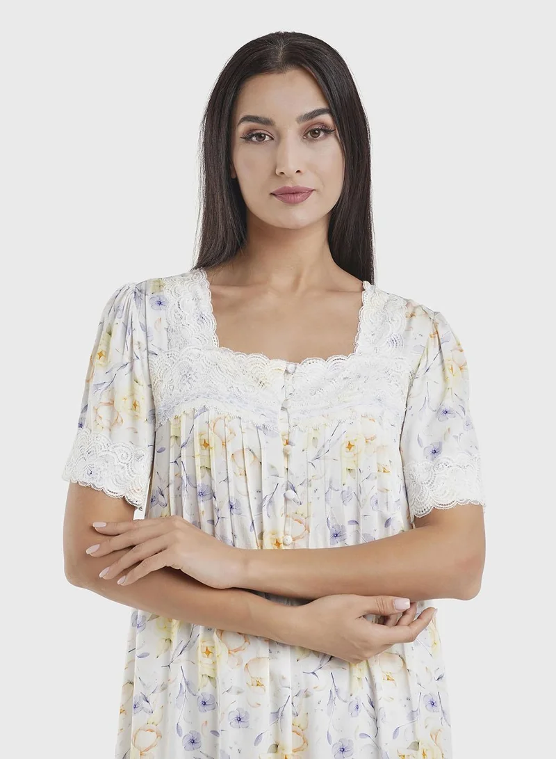 Kashkha Powder Blue Floral Print Viscose Nightwear Dress (CNH450)