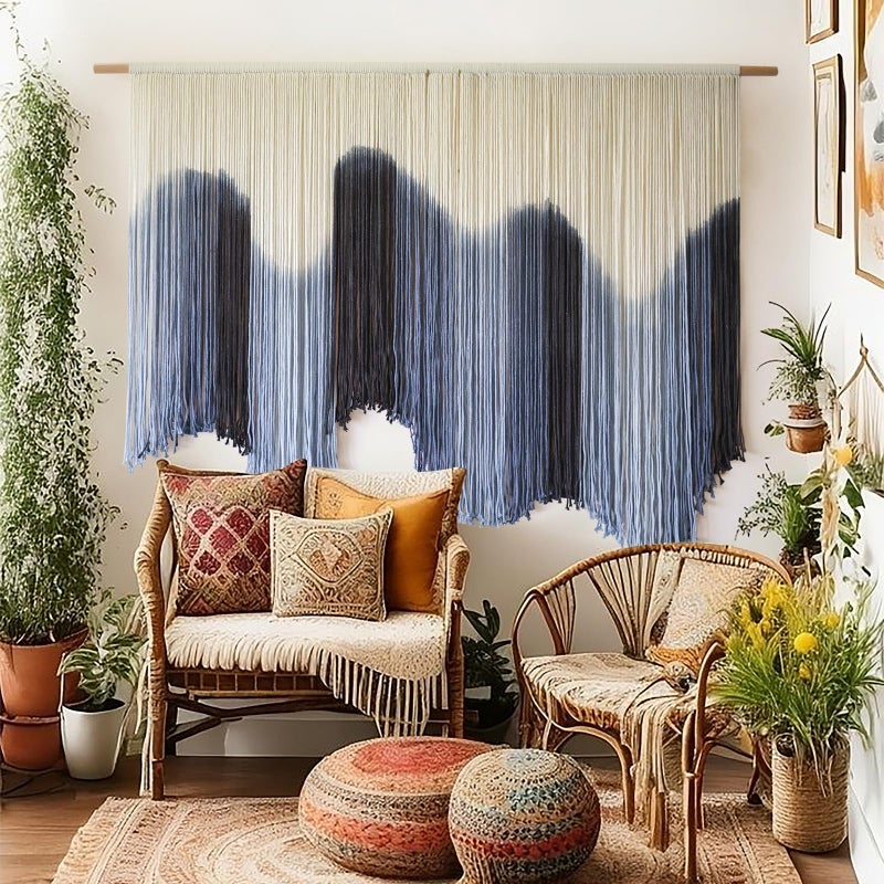IOWER Macrame Wall Hanging Large Blue Dip Dyed Fiber Art Tapestry, Handmade Boho Wall Decor for Living Room Bedroom, Macrame Wall Art 57" W x 39" L - Image 1