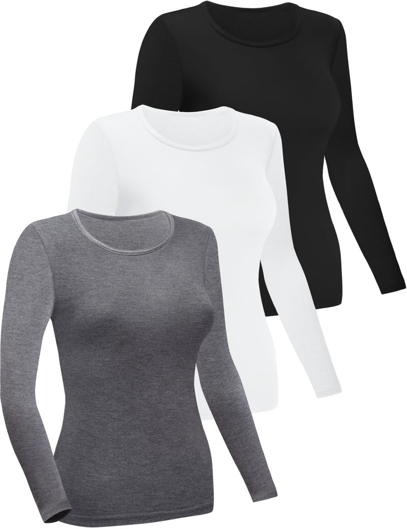 FEQO 3 Pack Women's Crewneck Long Sleeve Shirts Slim Fit Underscrubs Basic Comfort Long Sleeve Tops, Black, White, Dark Gray, S - Image 1