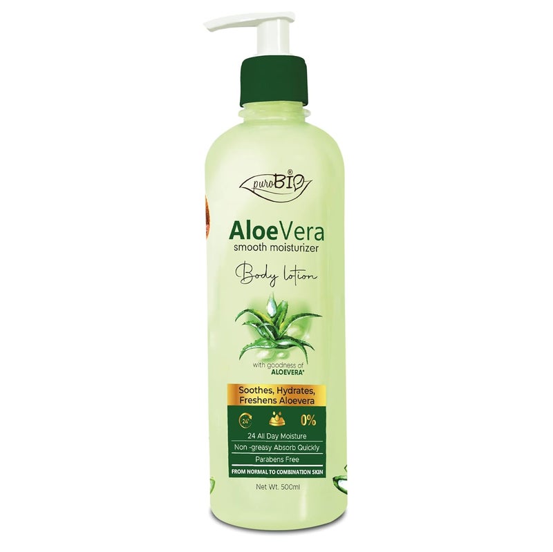 PuroBIO Purobio Aloe Vera Smooth Moisturizer Body Lotion for Women Men Gives NonGreasy Glowing Skin For All Skin Types 500ml  - Image 1
